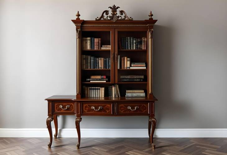 Luxury Antique Dresser Cabinet with Gold Handles for Books in a Castle Interior